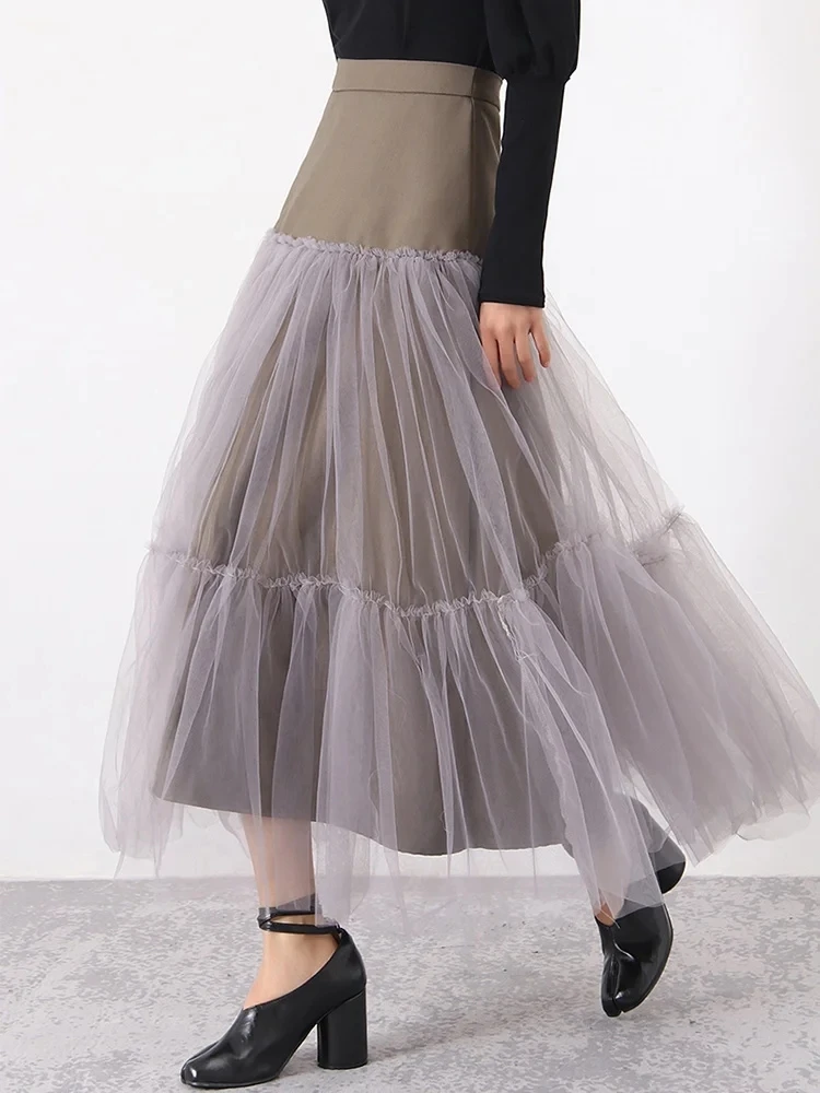 VGH Casual Patchwork Sheer Mesh Skirts For Women High Wiast Spliced Zipper Soild Vintage A Line Skirts Female Fashion Clothing