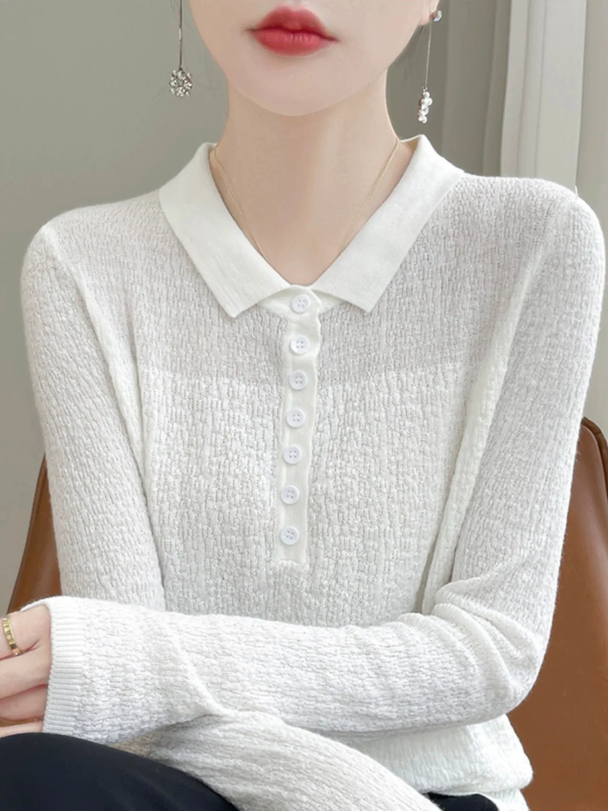   Długi sweter z kołnierzykiem, dzianinowa warstwa bazowa, uniwersalny, modny design, faktura, damski top, do pracy, prosty materiał...