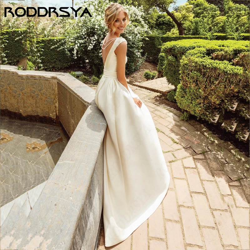 RODDRSYA Vestido De Noiva Vintage A-Line, Colher Cap Sleeve, Inserível Robe de Bolso, Cinto Sem Costas Sexy, Festa Nupcial, 2024