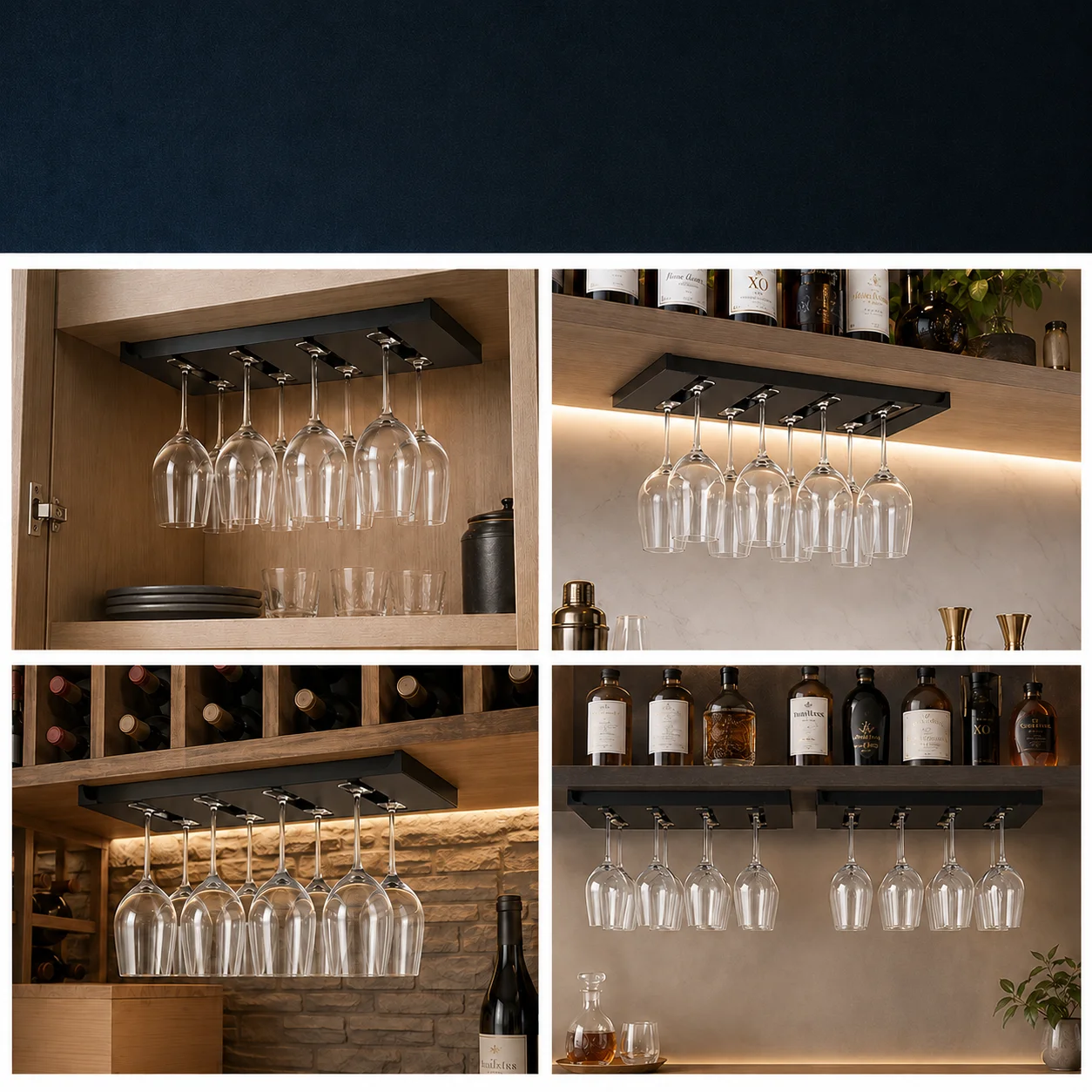 Under Cabinet Plastic Wine Glass Rack, Upside Down Stemware Holder, Space Saving Bar Kitchen Organizer, Black/White Available