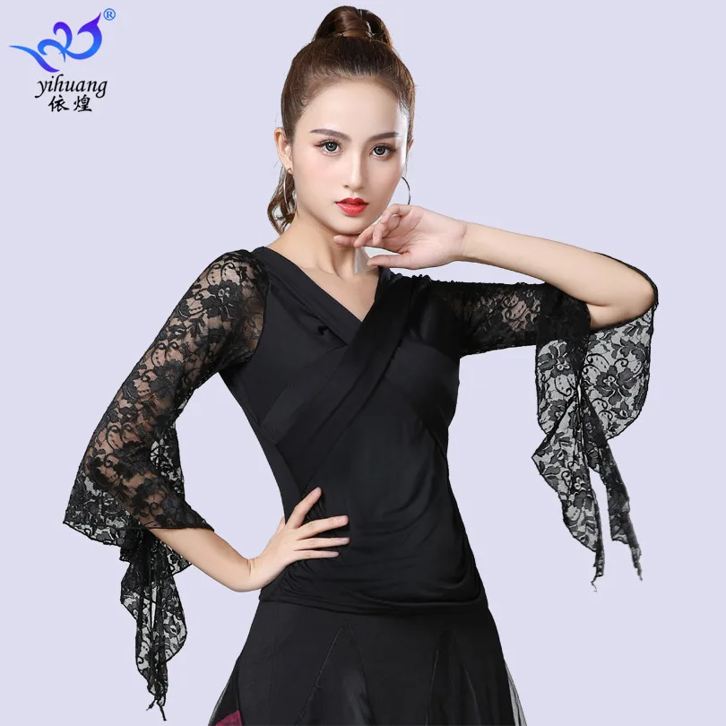 1 pz/lotto donna ballroom dancing top lady lace sleeve waltz camicetta da ballo latino