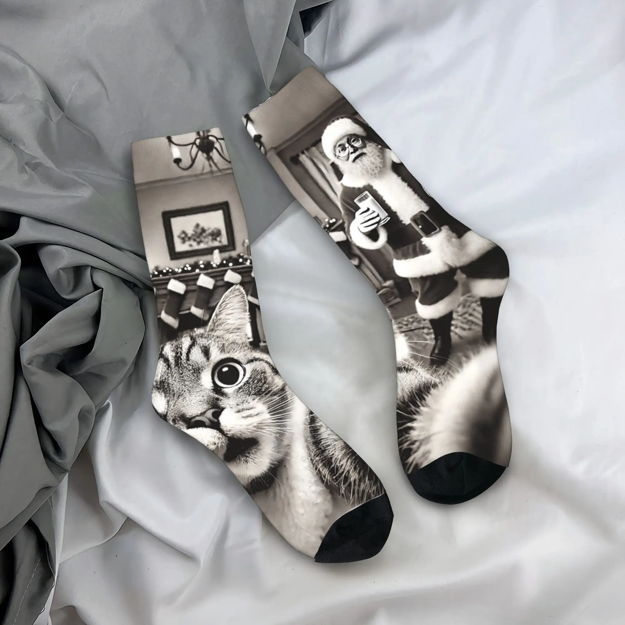 

Мужские носки с котом для селфи и чулками Санта-Клауса, осенние удобные носки в стиле ретро, противоскользящие носки для бега с графикой