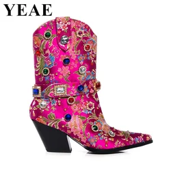 Luxury Designer Rhinestone Crystal Ankle Boots Women Western Embroider Pointed Toe Cowboy Boots Chunky Party Banquet Shoes Woman