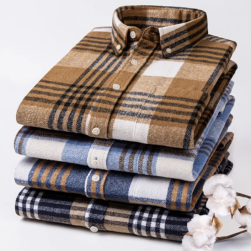 Herren Flanellhemd mit Karomuster, Langarm, aus reiner Baumwolle, lässig, dick, hochwertig, weich, kariert, Streetstyle, Herbst-Winter-Mantel