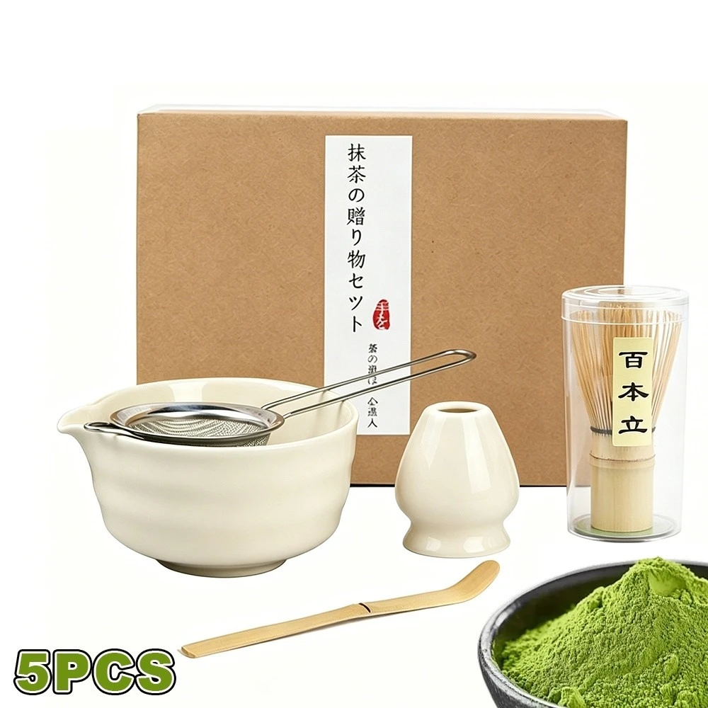 Set per Matcha con Tazza in Ceramica Smaltata, Bastoncino Mescolatore in Bambù, Ciotola per Matcha, Cucchiaio, Filtro, Set da Tè Dinastia Song, Confezione Regalo per Matcha 5 Pezzi