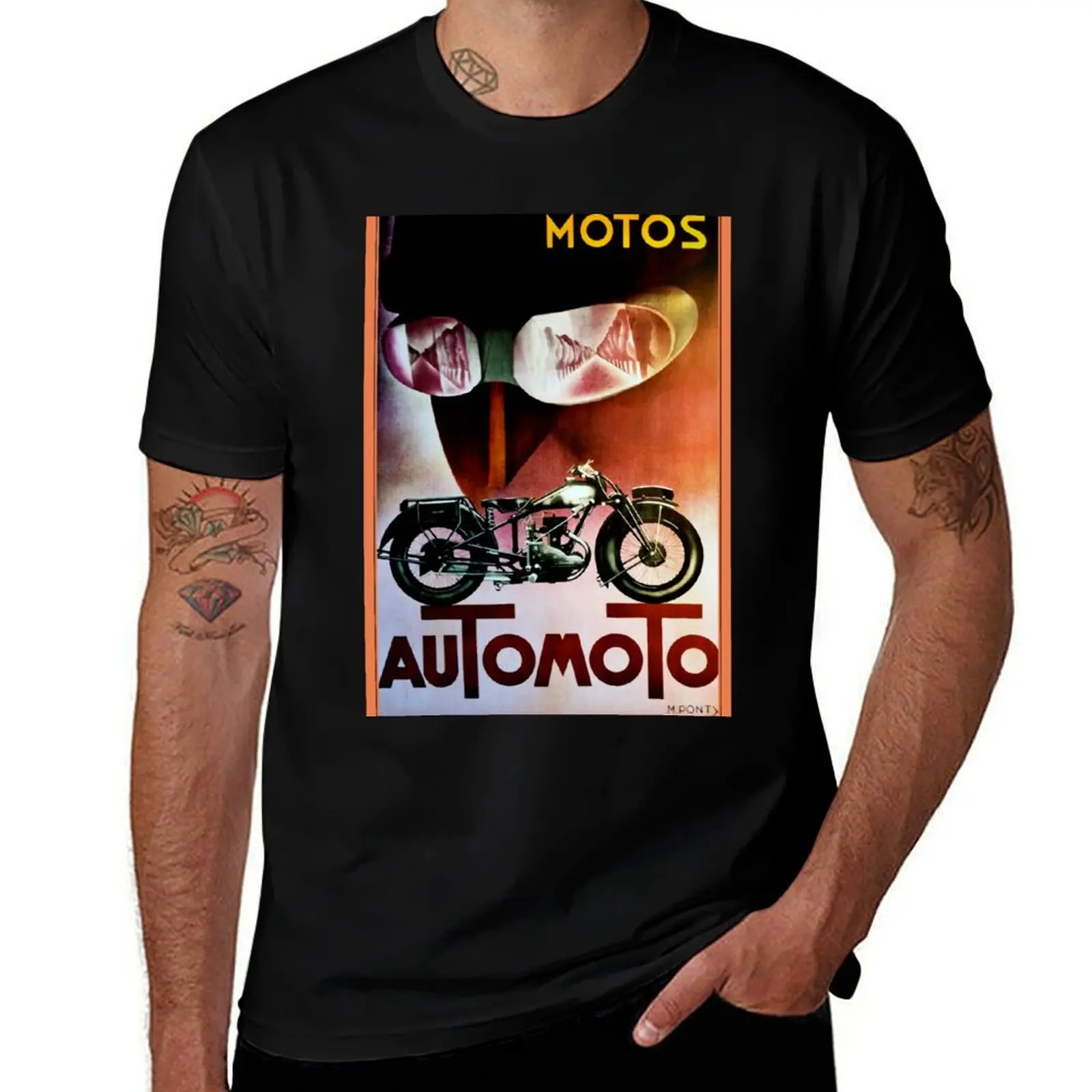 

Motos Vintage French Art Deco Motorcycle ad T-Shirt funny t shirts cotton t shirt for man 100 percent cotton T-shirt