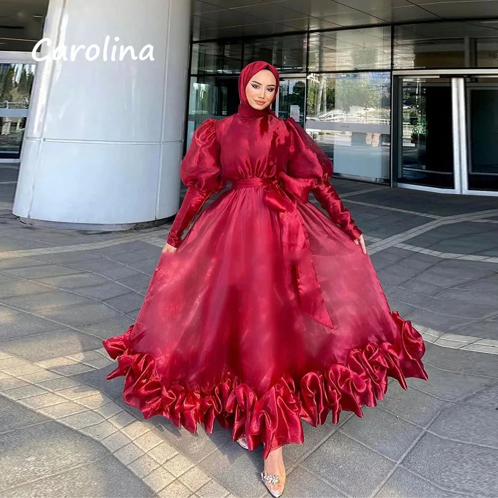 

Carolina Customized Red Organza Prom Dresses Long A-Line Muslim Dress High Neck Morocco Kaftan Vestidos 2025 Dubai Party Dress