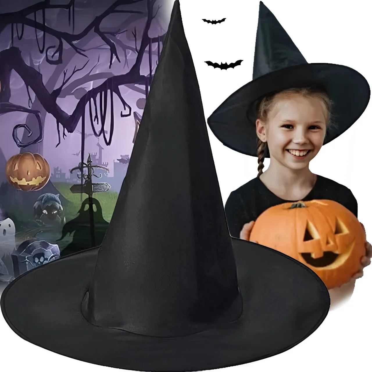 12pcs Halloween Witch Hat Kids Adults Halloween Party Cosplay Costume Props Decoration Black Wizard Cap Yard Hanging Witch Hat