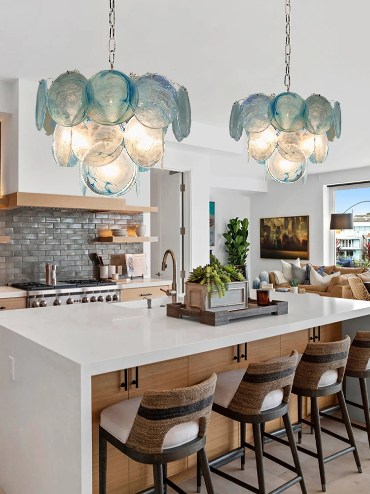 

European Home Design Idea Vintage Art Blue Handmade Glass Chandeliers Ceiling Hanging Lamps Light Luxury Dinging Room Lustre