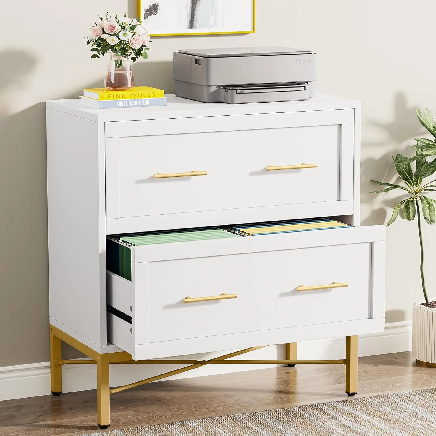 

2 Drawer File Cabinet, Modern White Lateral Filing Cabinet for Letter/Legal/A4 Size, Large File Storage Cabinets Printer Stand