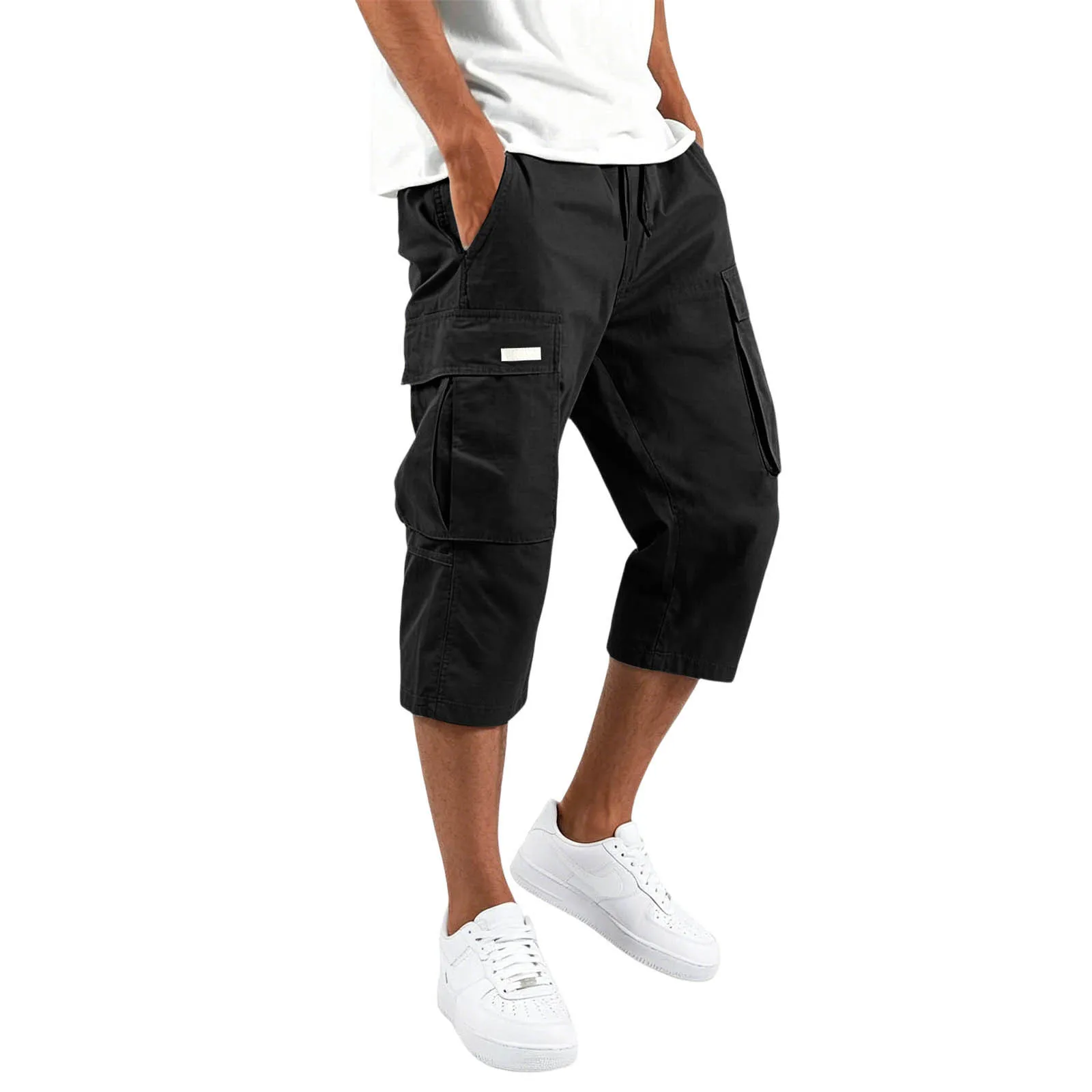 2026 Herren Solide Cargo Capri-Shorts mit Kordelzug, elastischem Bund, mehreren Taschen, lockerer Passform, knielang, für den Sommer, Freizeit, lange Shorts – Detail 6