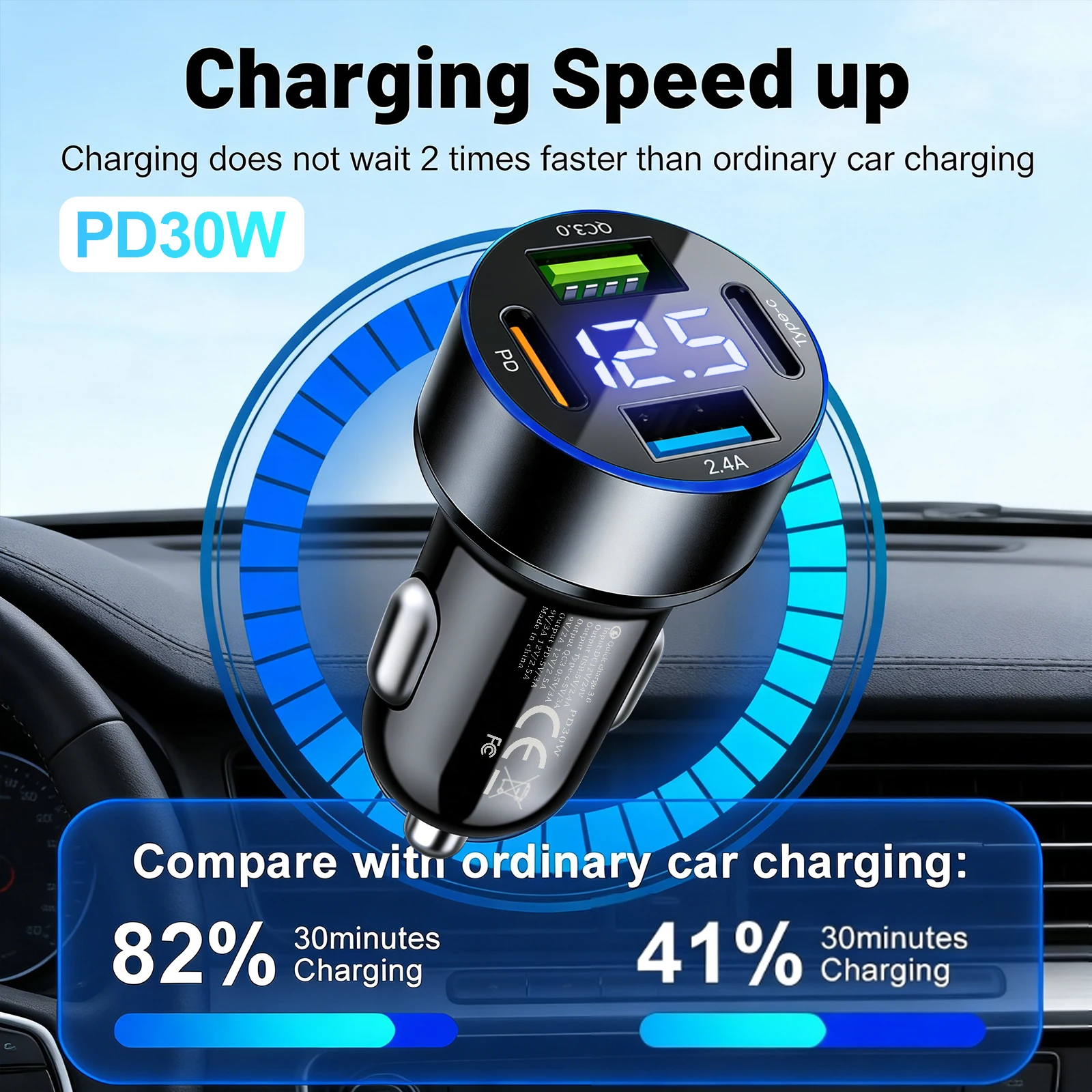 Car Charger Multiport Fast Charging PD QC3.0 USB Car Phone Charger Type-C Adapter with Voltage for iPhone Samsung Huawei Xiaomi