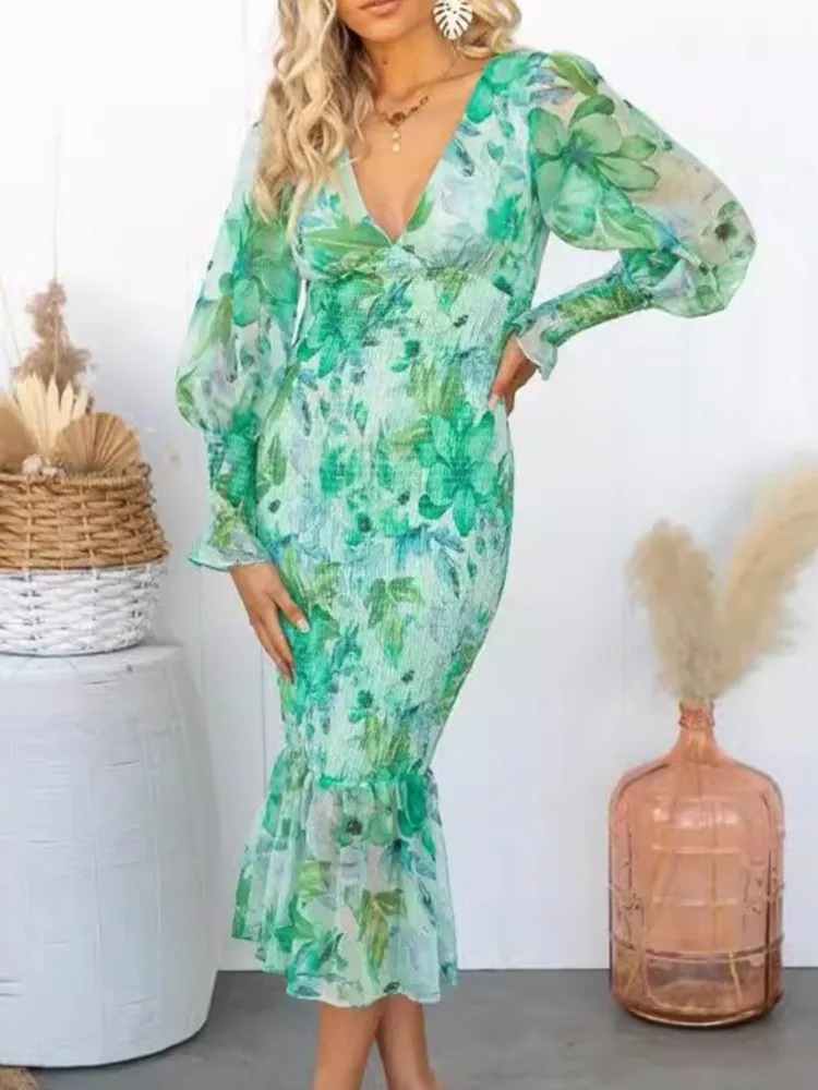 

Women's Autumn Dress Clothing Elastic Waist Long Sleeved Sexy V-neck Vestidos Para Mujer Fashionable Printed Ruffle Edge Dresses