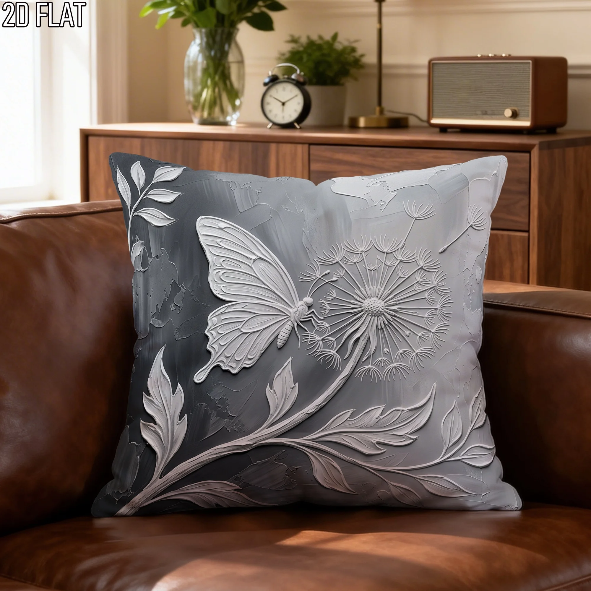 2D pri Butterfly Throw Pillow Cover Grey Dandelion Floral Cushion Case for Elegant Neutral Home Decor