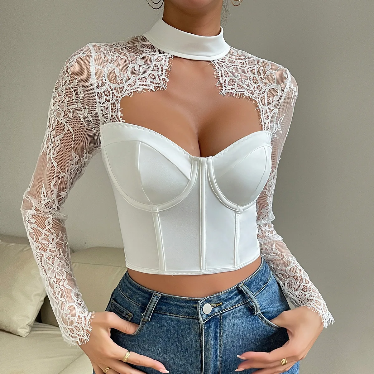 

Lace Mesh Long Sleeve Crop Tops for Women Solid Hollow Out Slim Fit Tank Top O-Neck Corset Sexy Bustier Autumn Fashion Pullover