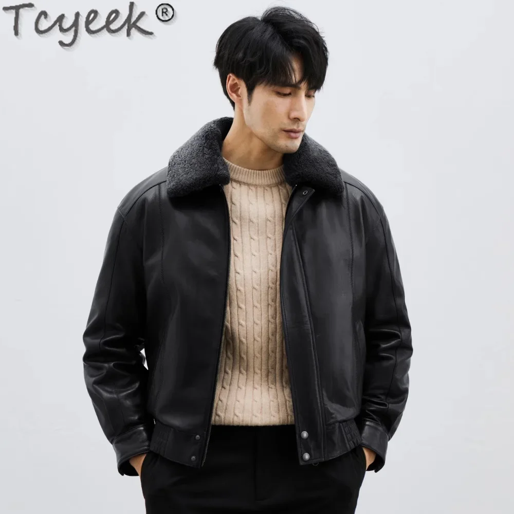 Tcyeek Genuine Leather Jacket Men Real Sheepskin Goose Down Coat Wool Fur Collar Winter Autumn Mens Clothes Jaqueta Couro 2024