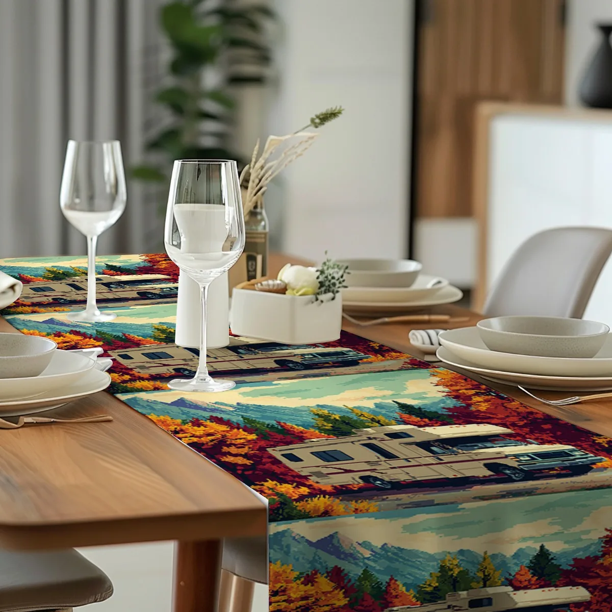 print table runner Autumn Leaves Pixel Art Vintage Style Table Flag dressing table flag for Kitchen & Home, Housewarming Gift