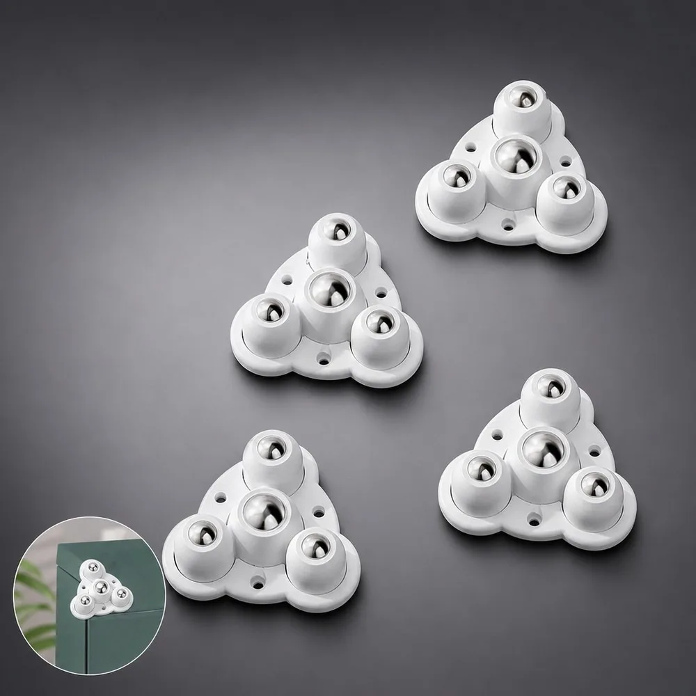 4pcs Self-Adhesive Mute Ball Casters Wheels 3 Beads Furniture Wheel Stainless Steel 360° Rotation Heavy Duty Silent