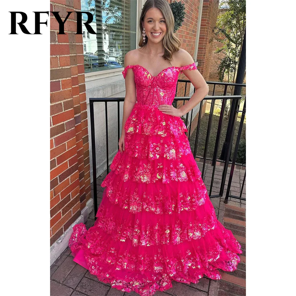 RFYR Puffy Gold Evening Dress Off  Shoulder Vestidos De Noche Sweetheart Layered Prom Dress Appliques Party Dress Customized