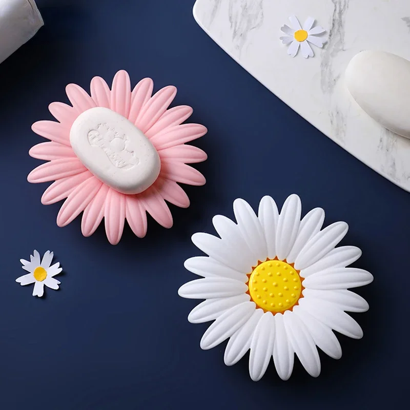 Cute Bathroom Daisy Soap Dish Creative Non-slip Sponge Soap Drain Holder Double Layer Soap Box Bathroom Accessories