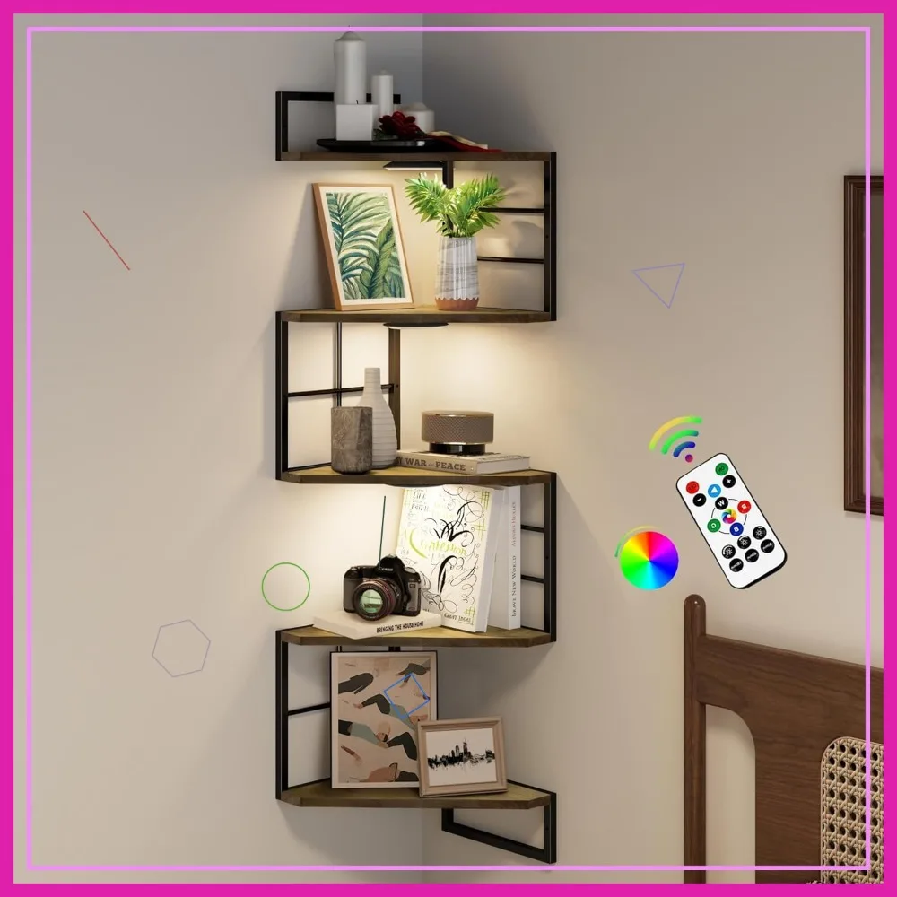 

5-уровневые угловые плавающие полки с LED-подсветкой, настенные полки для спальни, гостиной, офиса и домашнего декора - коричневые
