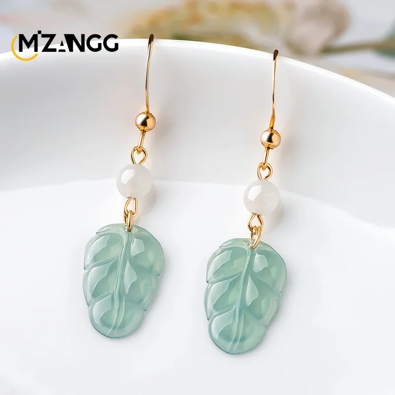 Natural A-goods Jadeite Blue Water Leaf-shaped Earrings S925 Silver with Ice Jade Earrings Fashion Exquisite Female Holiday Gift