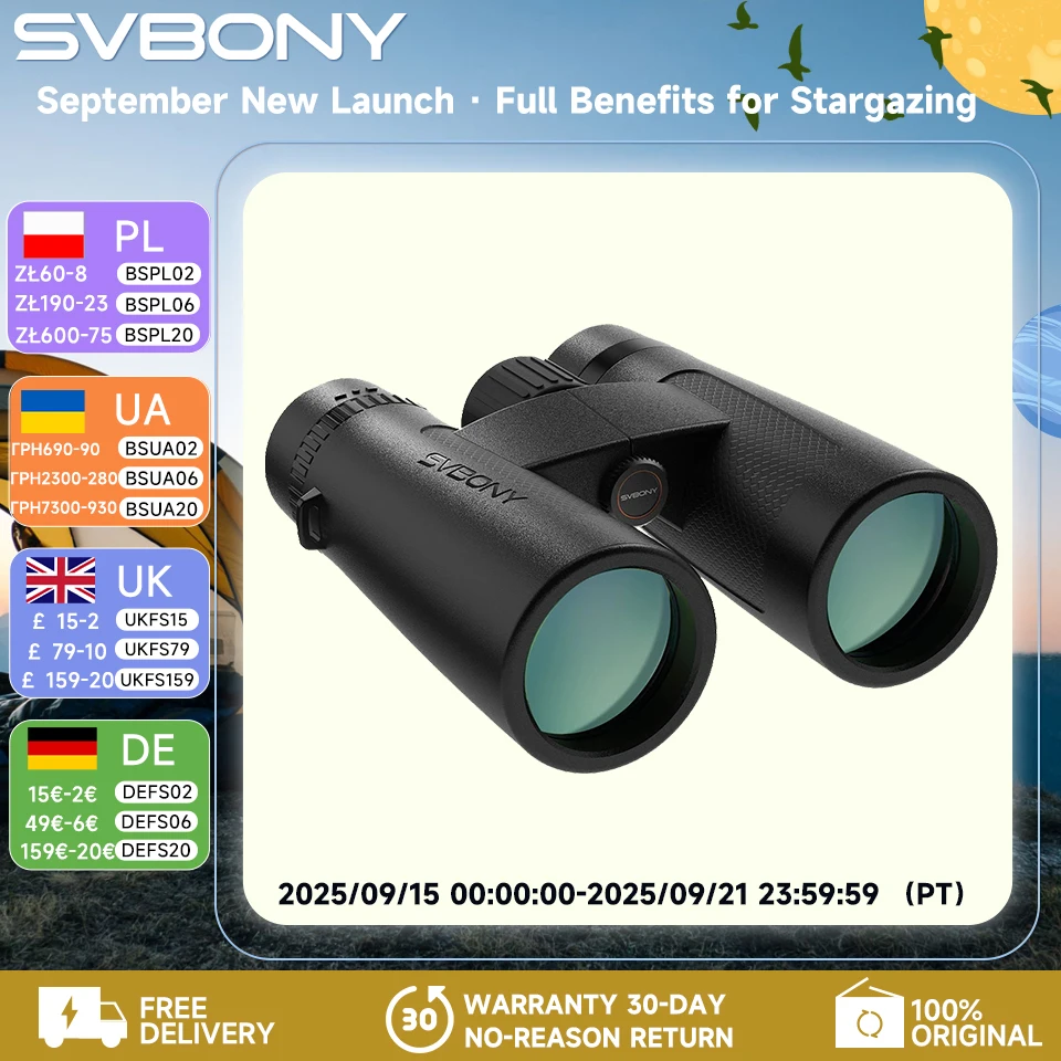 

Svbony SV202 Upgraded ED Binoculars 8x32/8x42/10x42 Wide Field of View Bak4 Prism IPX7 Waterproof Fogproof for Bird Watching