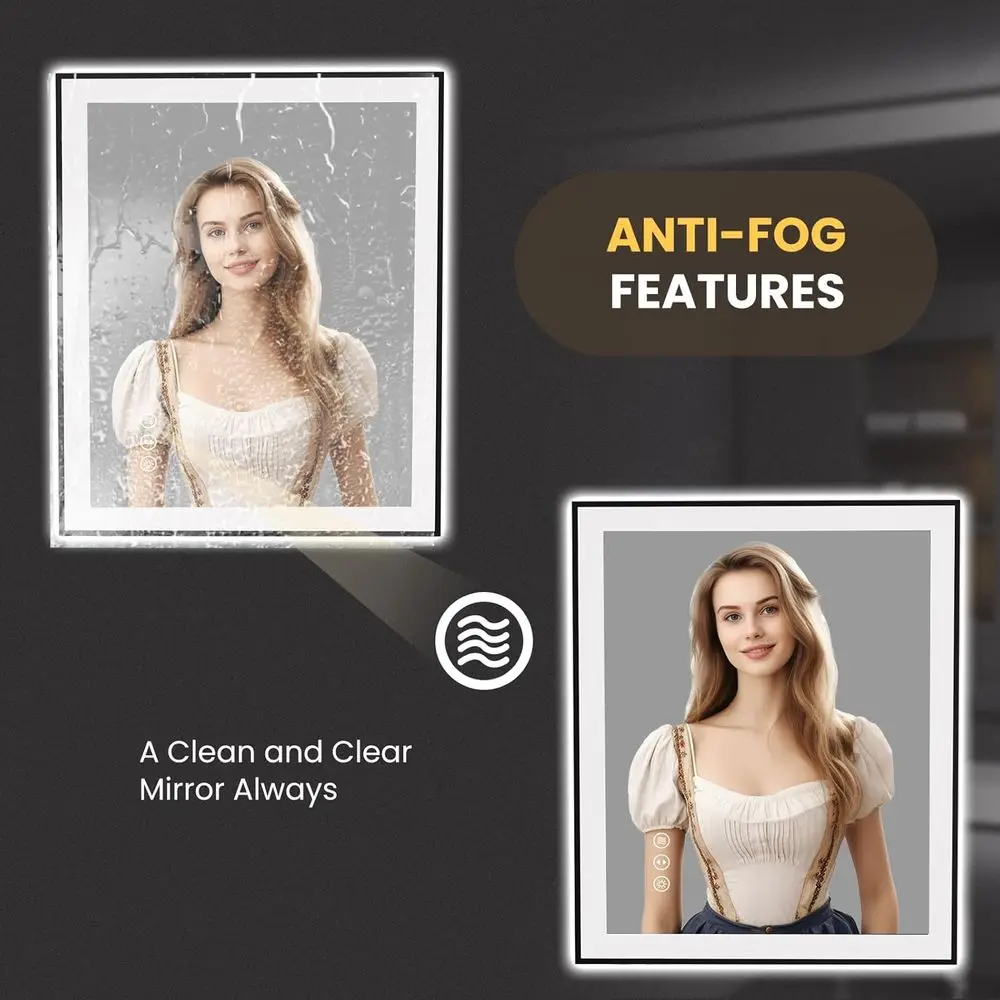 مرآة حمام LED مضادة للضباب مع إطار أسود، وإضاءة عكس الضوء، وزجاج مقسى، ووظيفة الذاكرة #4