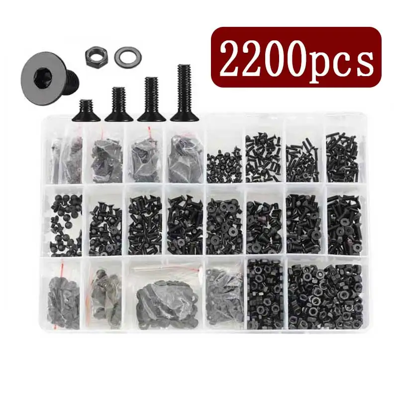 2200pcs Hex Socket Flat Head Screws Bolts Nuts Washers Assortment Kit M1.6 M2 M2.5 M3 Black Thread Hexagon Allen Machine Bolt