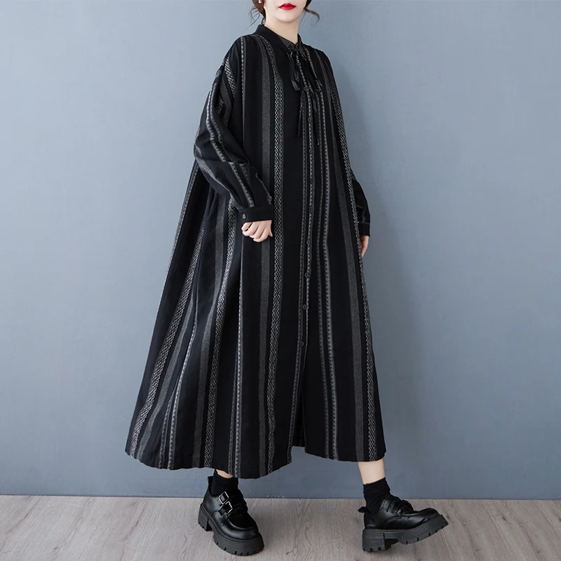 Vestido Csa Primavera 2025 Plus Size Aodão Linho Solto com Cinto Modelador Saia trada Estilo Vintage Manga Longa