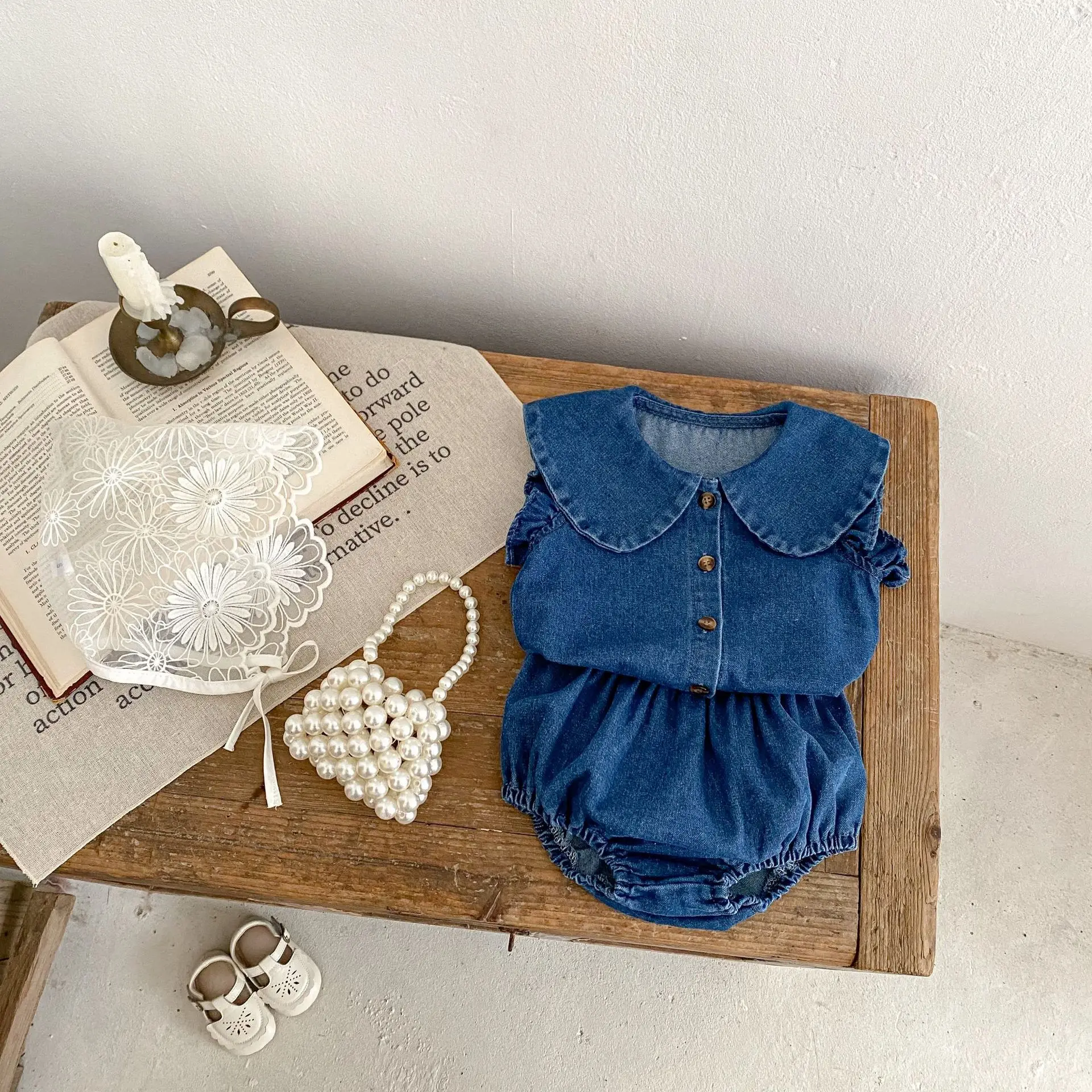 baby-girl-baby-summer-outfit-new-2025-summer-denim-doll-collar-flying-sleeve-top-pants-set-two-pieces