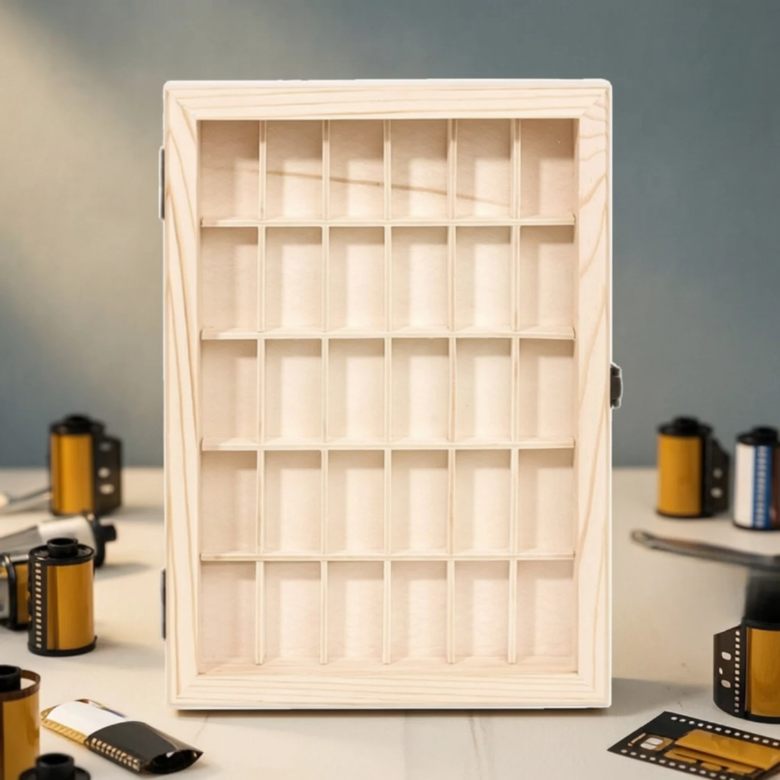 30-Compartment Organizer Dust-Protected Tabletop Display Case with Door Wooden Display Box Solid Wood Compartment Storage Box
