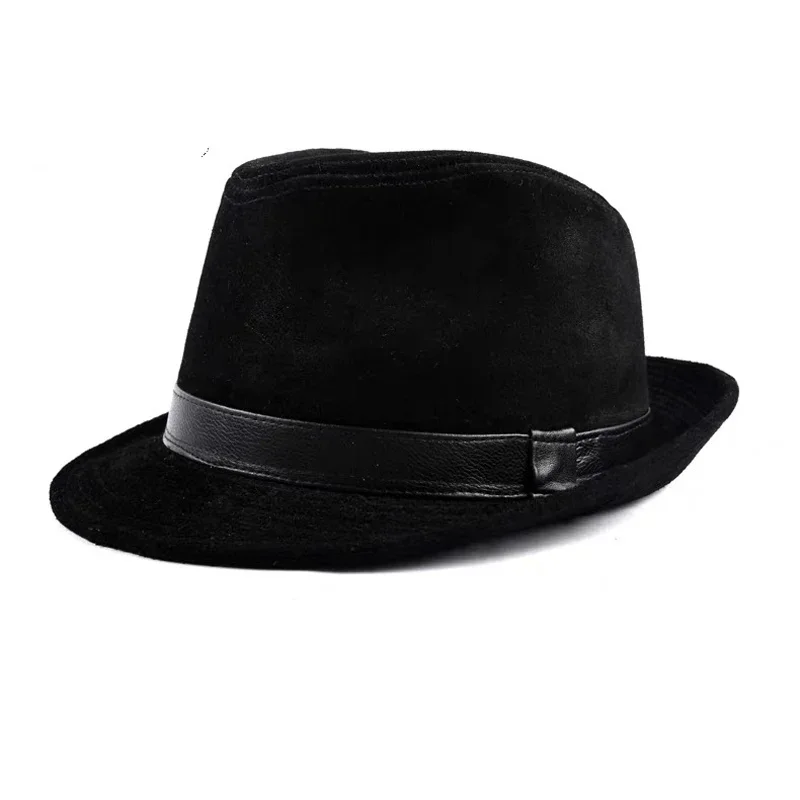 Winter Genuine Leather Suede Print Black GeometryTop Hats For Men/Women British Gentlemen Wide Brim Stetson Fedoras 55-60cm Fitt