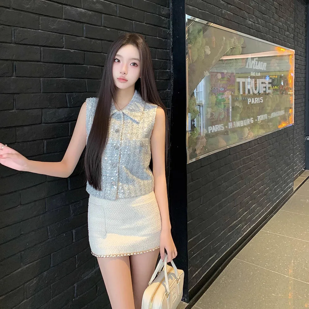 Korean Elegant Small Fragrance Wind 2 Piece Suit Women Outfit Laper Vest Tops + Short Set Summer Sweet Tweed Two Piece Pant Sets