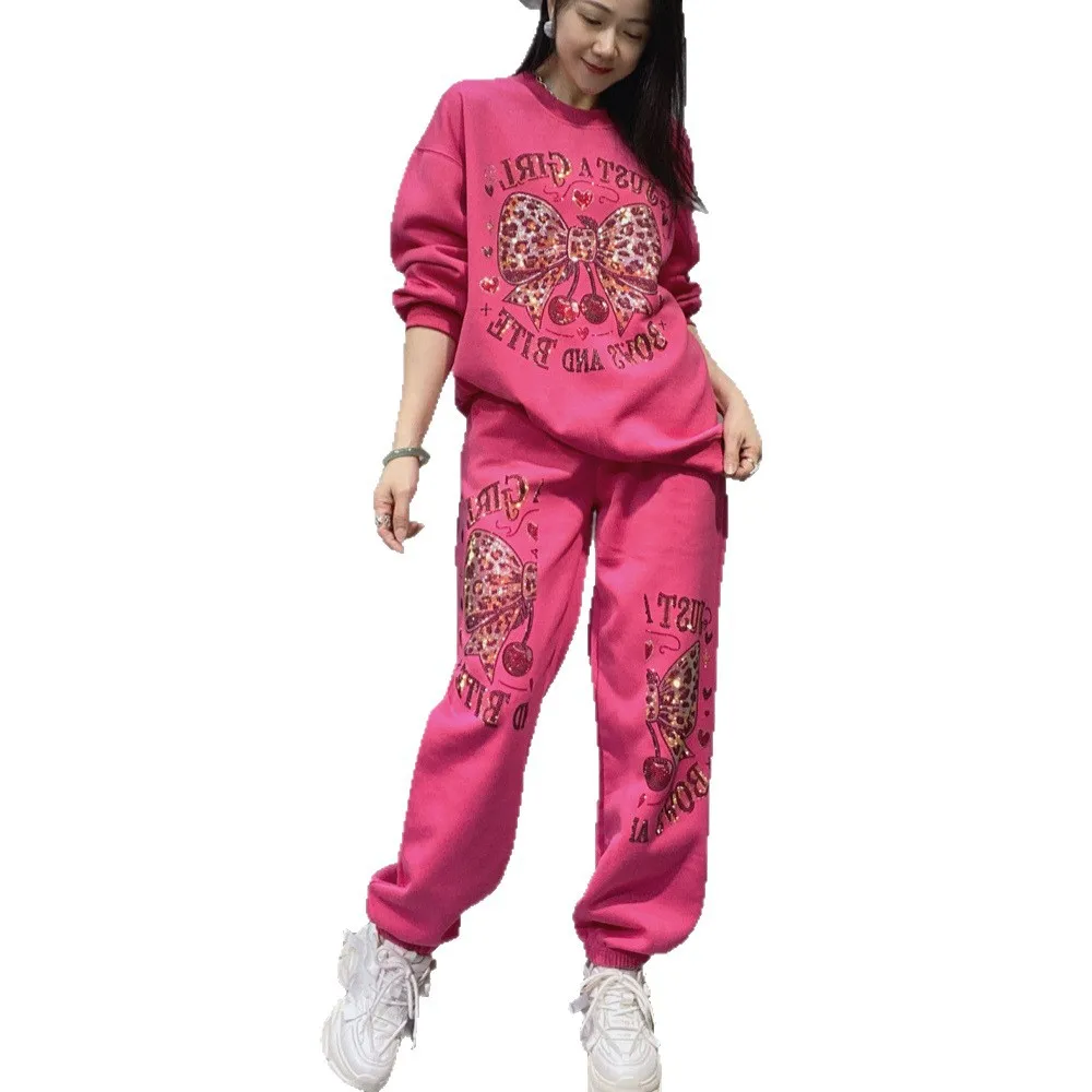 Set Sportivo da Donna Primavera-Autunno con Felpa a Collo Tondo e Maniche Lunghe, Pantaloni Jogger e Strass