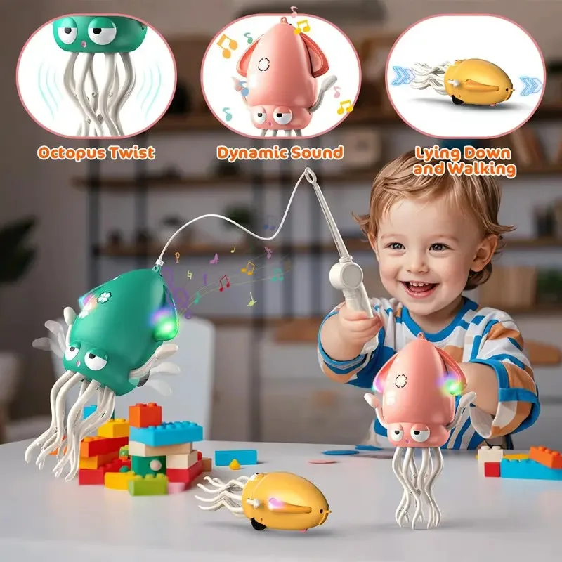 Juguete de pulpo de baile mágico para mascotas, luz eléctrica para gatear y música, juguetes de calamar para niños, desarrollo interactivo, regalos para el tiempo de barriga