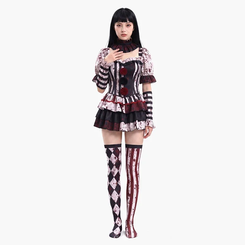 2026 New Unisex Bloody Horror Gothic Harlequin Pattern Cosplay Dress Full Set Gloves Stockings Men Women Halloween Carnival Cost view 2