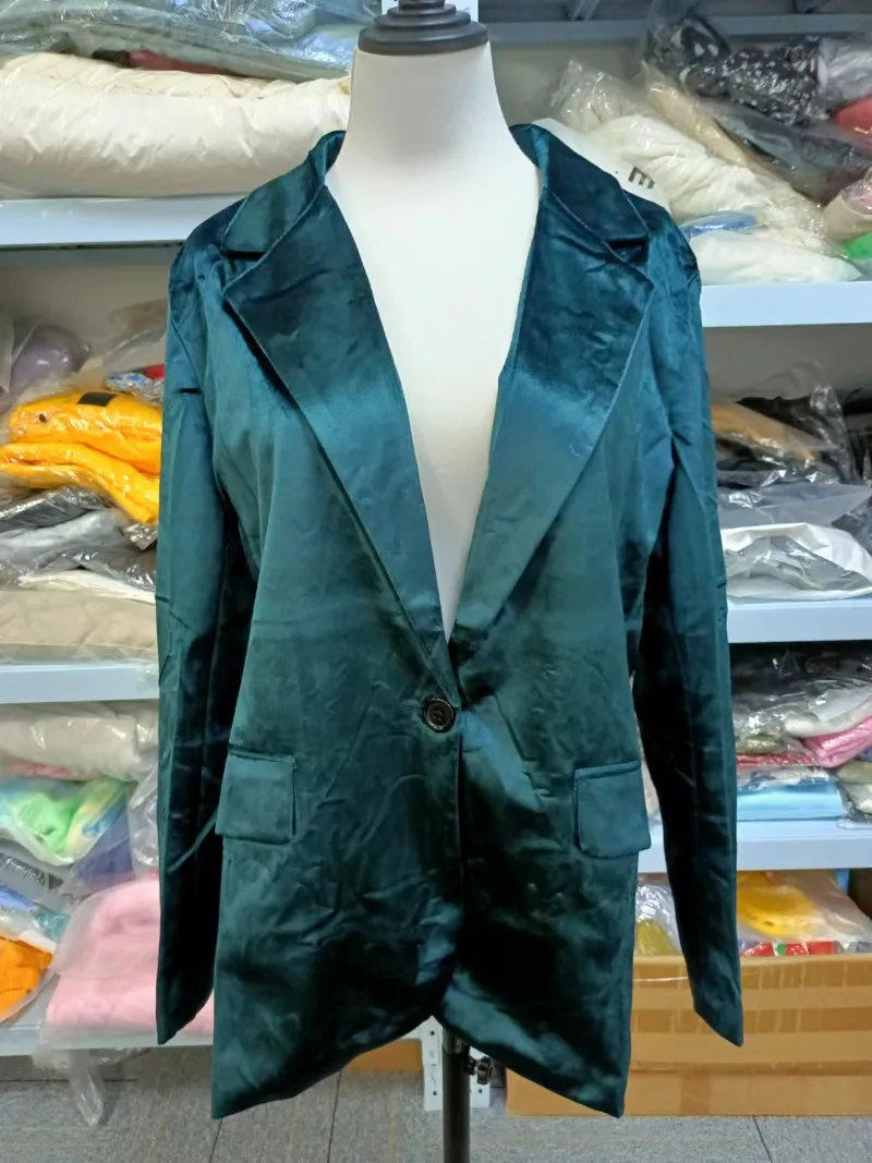 Blazers de terciopelo verde oscuro para mujer, chaqueta informal lisa de manga larga con un solo botón, chaqueta de oficina OL para otoño, abrigo