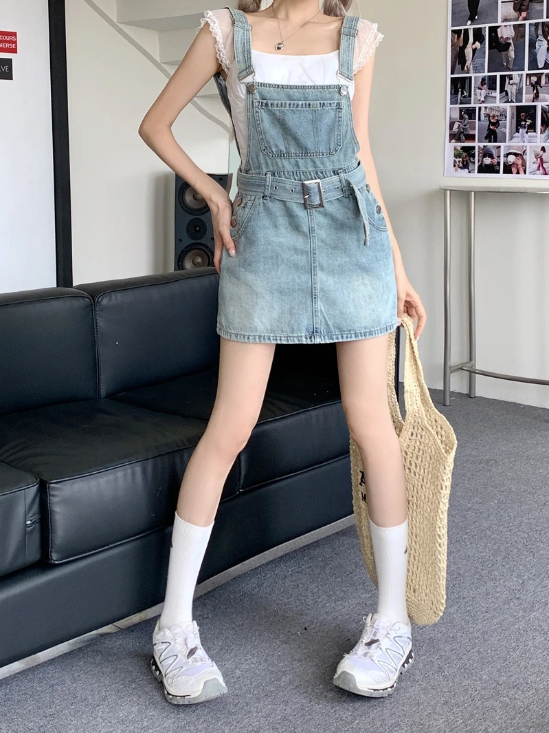 

Hong Kong style retro high-waisted denim strappy skirt female summer new waist thin versatile loose cover meat A-line skirt