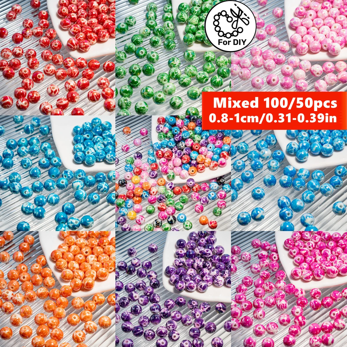 100/50 pièces de perles rondes en acrylique de 8/10 mm, couleurs AB, parfaites pour la fabrication de colliers, boucles d'oreilles, pendentifs, bracelets et de projets DIY.