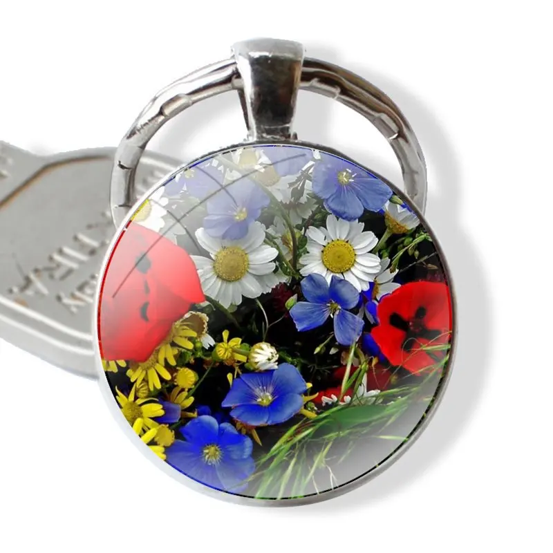 Glass Metal Pendant Key Chain Classic Men Women Key Ring Accessories Jewelry Gifts Mini Blue Cornflowers Butterfly