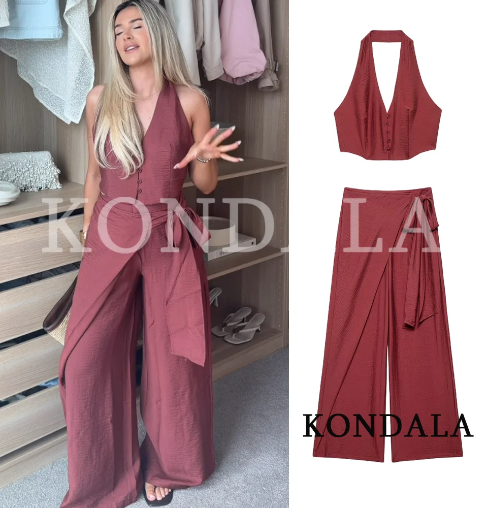 

KONDALA Women Trendy Pants Beach Set Halter Short Top Bow Long Zipper Pants New Fashion 2026 Spring Summer Holiday Commute Set