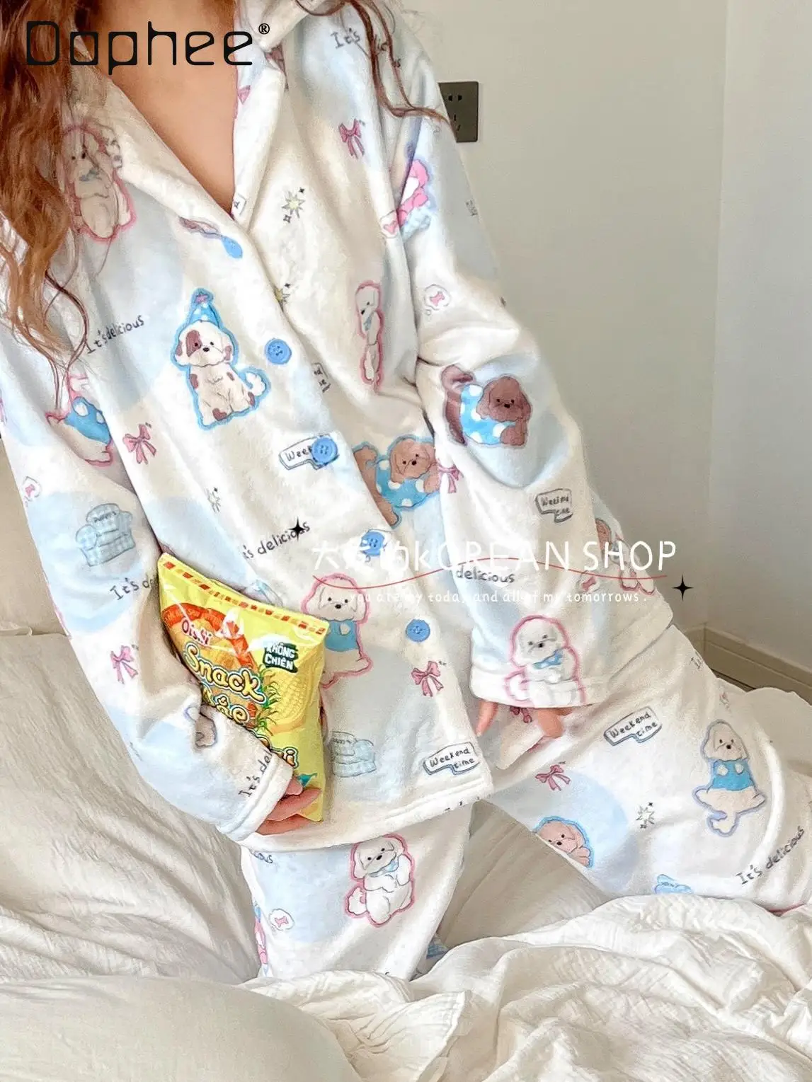 

Flannel Dog Cute Pajama Sets Women Soft Long Sleeve Turn Down Collar Loungewear Cartoon Print Homewear Korean Style 2025 New