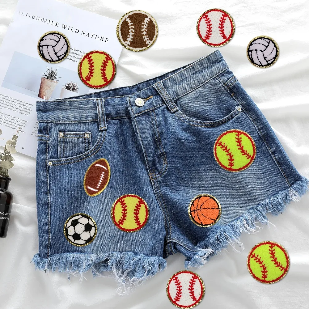 Sports Themed Chenille Patches Gold Edges Basketball Soccer Baseball Football Volleyball Iron On Patch Bags Hat DIY Clothing