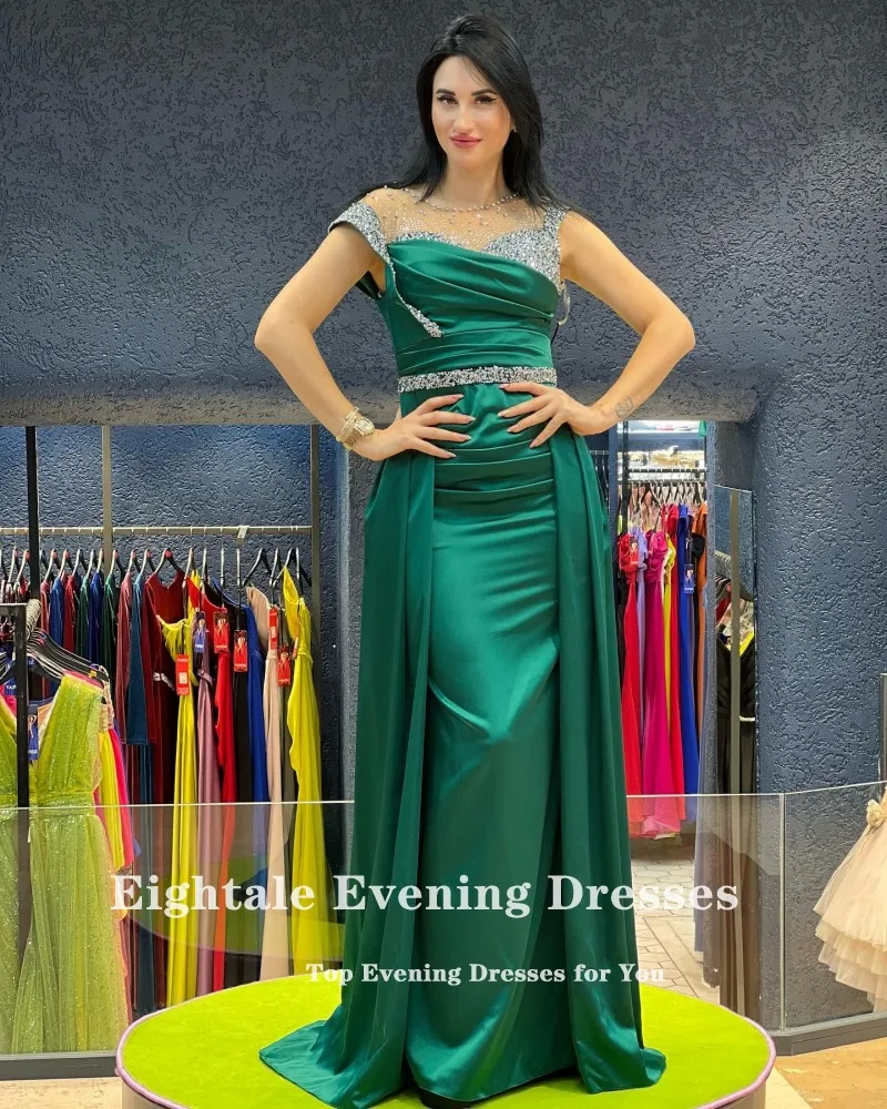 Eightale Emerald Green Evening Dress for Wedding Party Beaded Cap Sleeves Mermaid Satin Arabic Dubai Prom Gowns Celebrity Dress