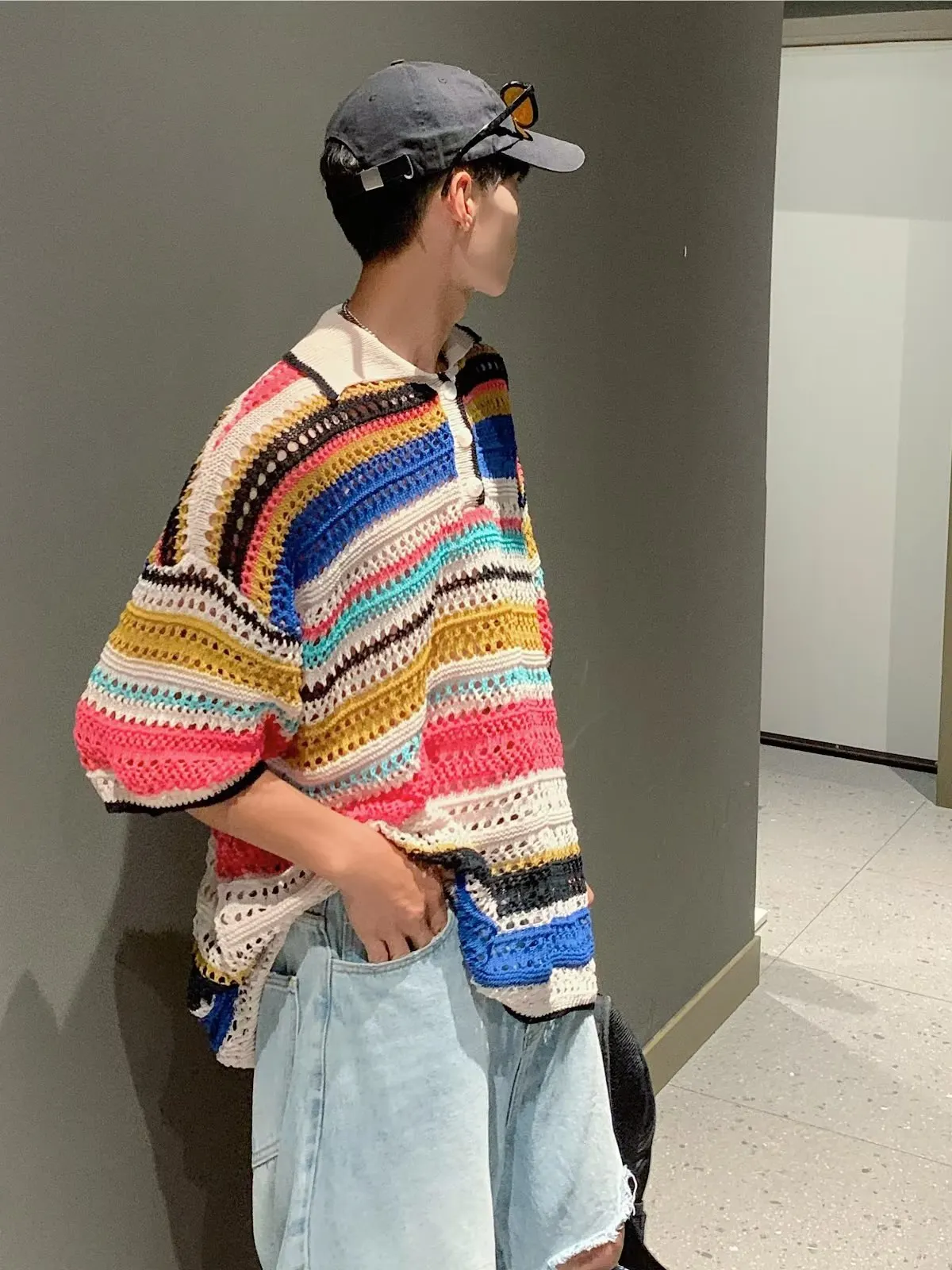 

Color Blo Hollow out ort Sve Men's Knitwear Stripe irt American Retro Sle Casual Summer Faion Top