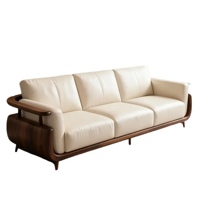 New Chinese style, black walnut, solid wood straight row sofa, modern simplicity, leather light luxury