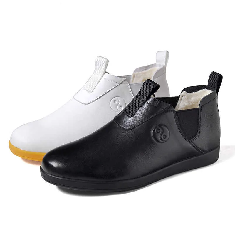 Unisex Authentic Leather Tai Chi Shoes Add Velvet Kungfu Tendon Soles Shoes Winter Morning Exercises Genuine Leather Sneakers