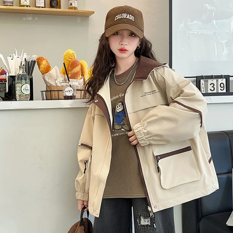 

Girls' Autumn Korean Version Pressed Letter 2025 New Style Children's Western-Style Casual Windbreaker Hooded Assault Jacket