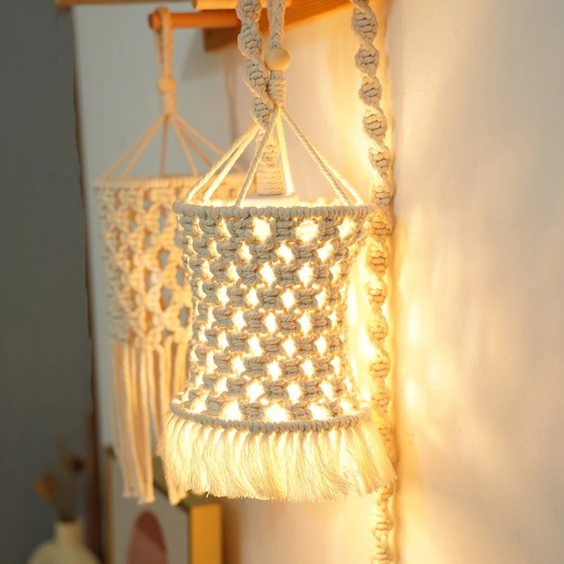 Bohemian Hand-Woven Lampshade Cotton Rope Chandelier Decorative Light Shade Woven Light Cover Home Decor Living Room Bedroom